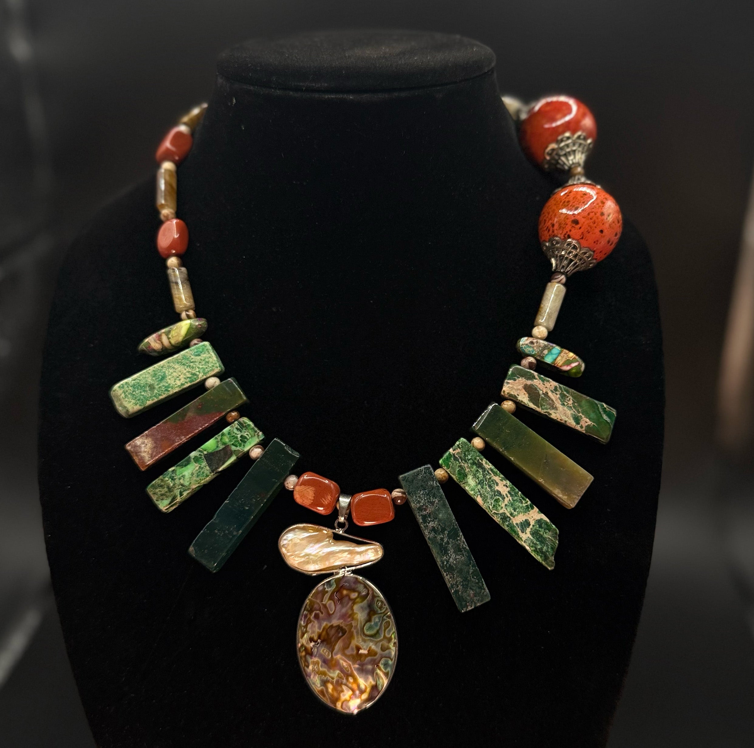 Green Jasper Statement Necklace – Abalone Pendant