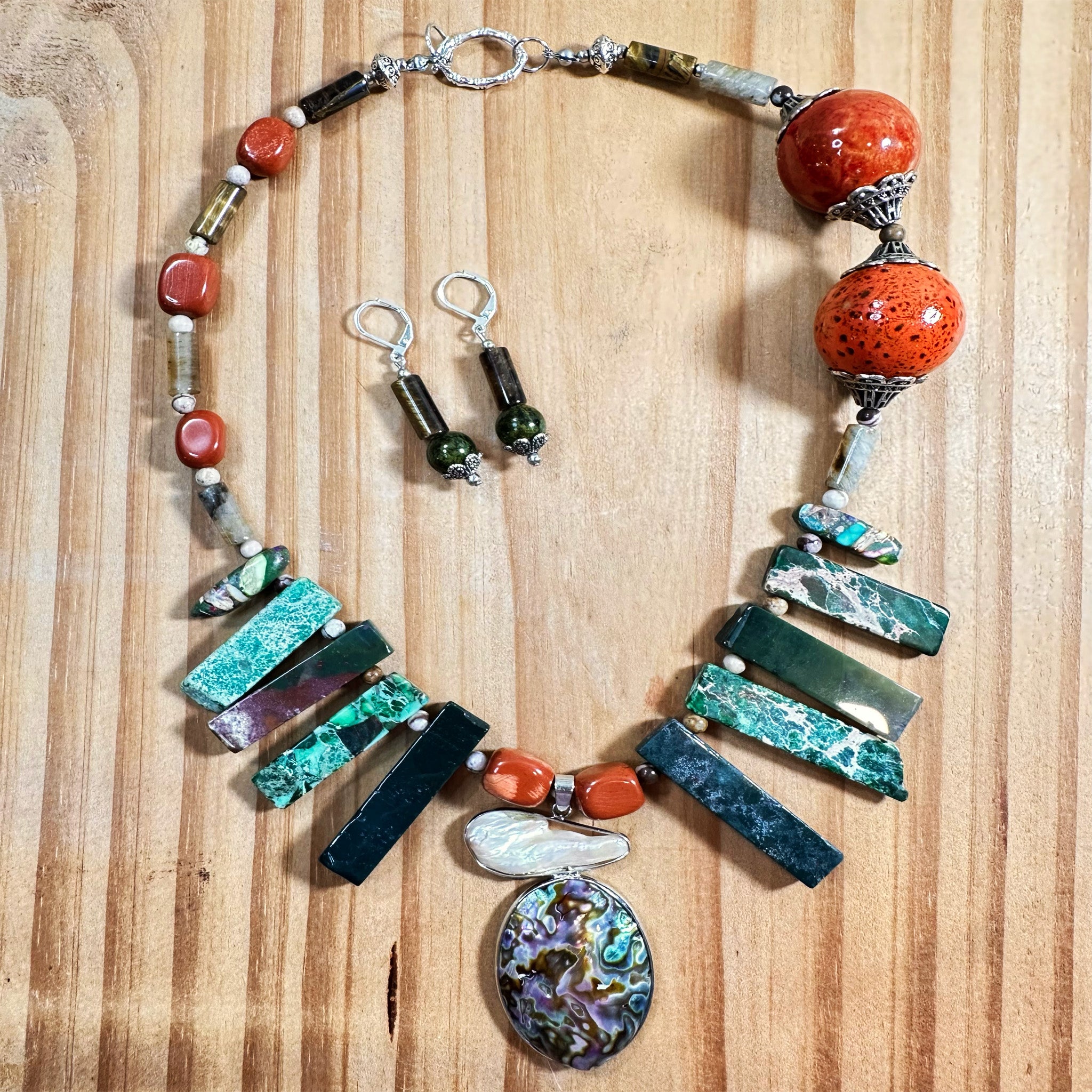 Green Jasper Statement Necklace – Abalone Pendant