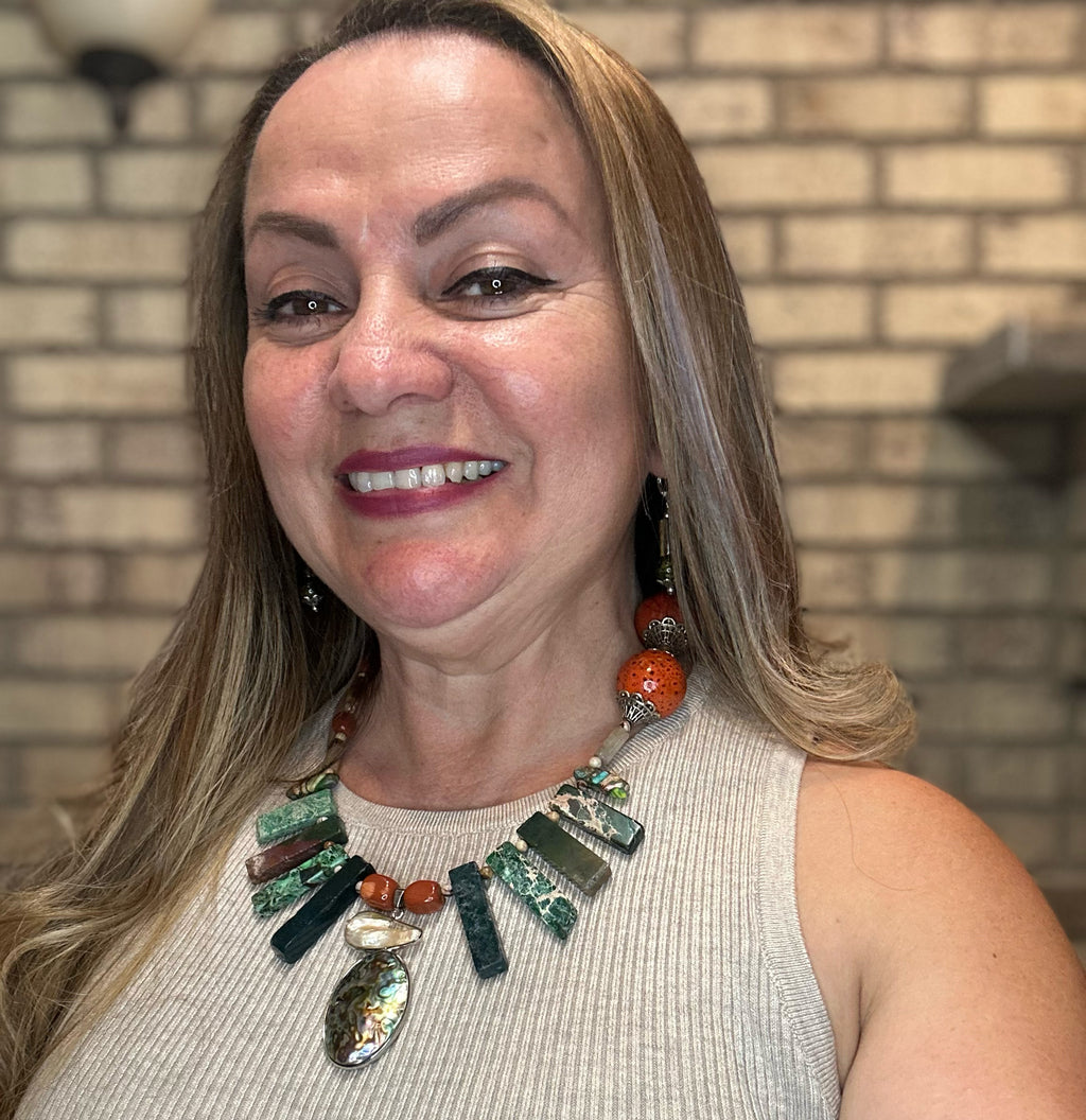 Green Jasper Statement Necklace – Abalone Pendant