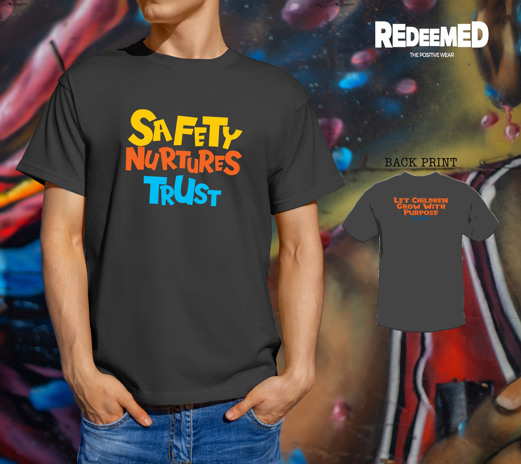 “Safety Nurtures Trust.” – Black Colorful  (Bella Canvas/Gildan G5000) T-shirt